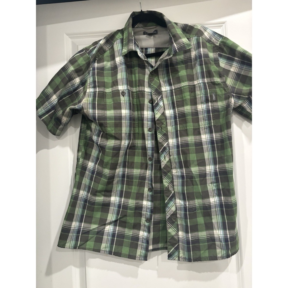 Eddie Bauer Men's Med. Plaid Short Sleeve Button-Up Shirt Green White‎ Blue